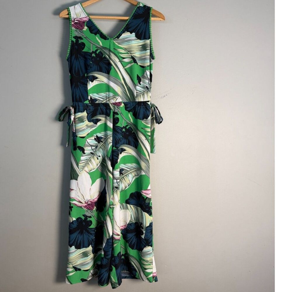 Carolina Belle Montreal Tropical Palm Print Wide Leg Jumpsuit 6 Green Navy